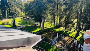 A riverside view with a grassy area, trees, and a building with a flat roof. - Hotel Sternen Worb (Worb)