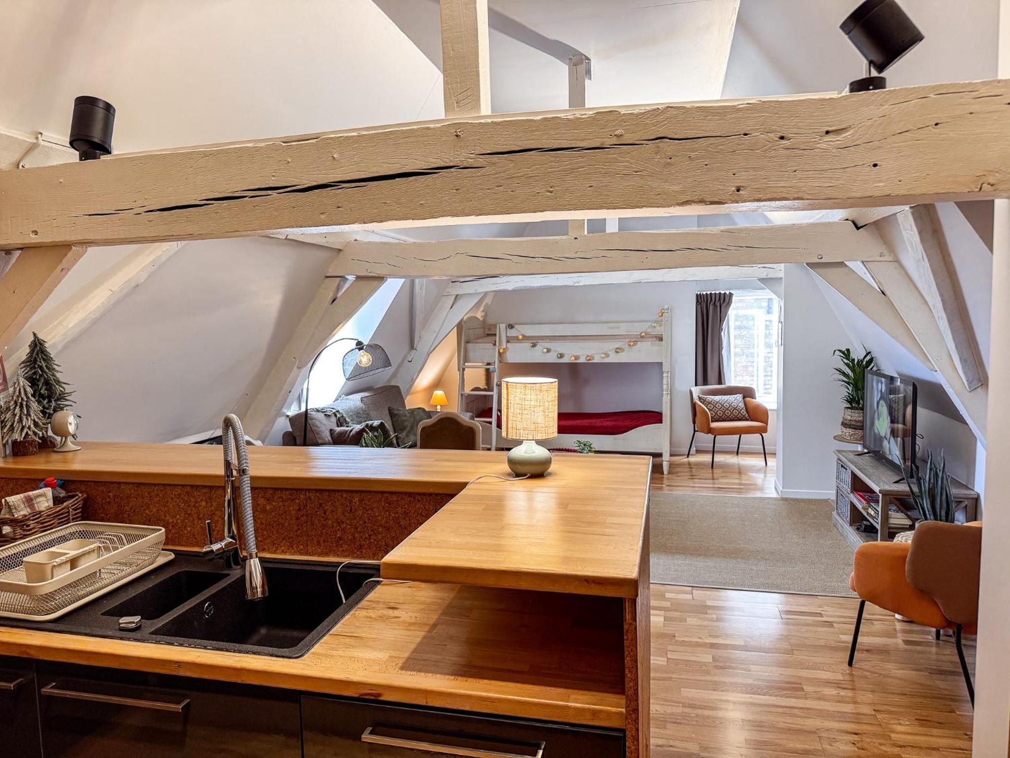 Een loft-achtige kamer met een keuken, een eettafel en een gezellige zithoek met een bed.