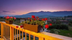 A wooden deck with potted red flowers and a view of distant mountains. - Debeli Dab (Kresna)