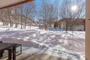 Área externa nevada, com árvores e edifícios ao fundo.