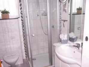 A bathroom with a glass-enclosed shower, a toilet, and a sink with a mirror. - Gästehaus Schneider (Bechtheim)