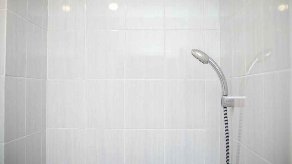 Een douche met een handdouche en een mengkraan aan de muur.