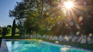 A swimming pool with clear water, surrounded by a stone wall and trees. - Feriendomizil Schwarzwald (Feldberg)