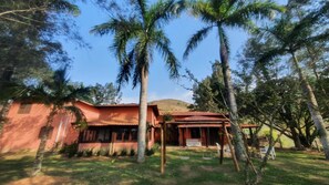 Uma casa com fachada vermelha, rodeada por palmeiras e uma colina ao fundo.