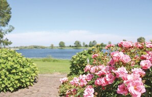 Ein Garten mit rosa Blumen und Blick auf einen See.