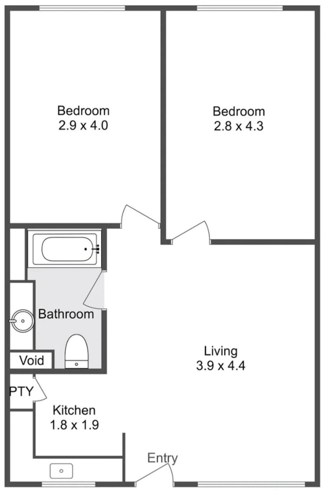A floor plan with two bedrooms, a bathroom, a kitchen, a living area, and an entryway.