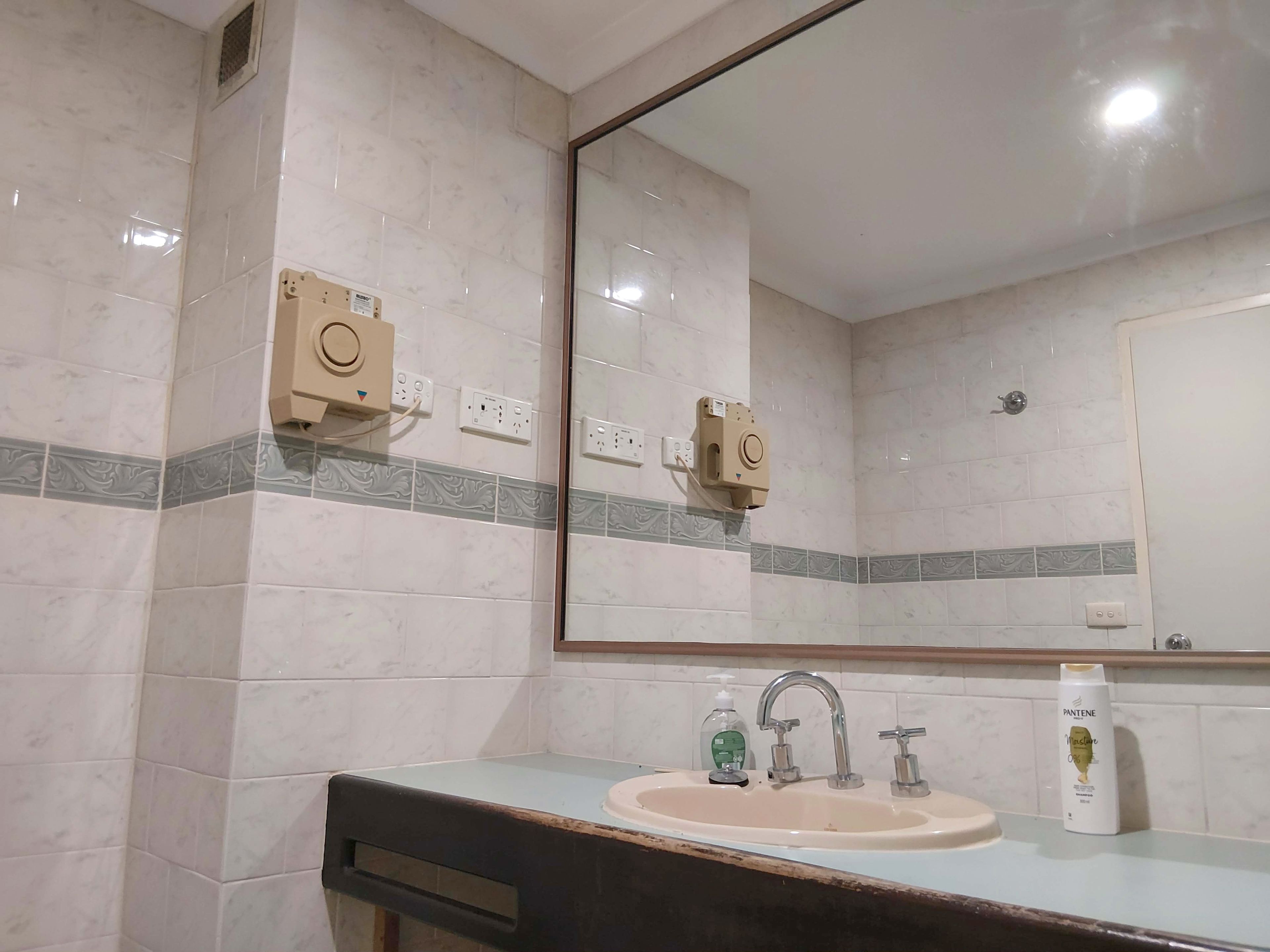 Hair dryer, towels, soap, toilet paper