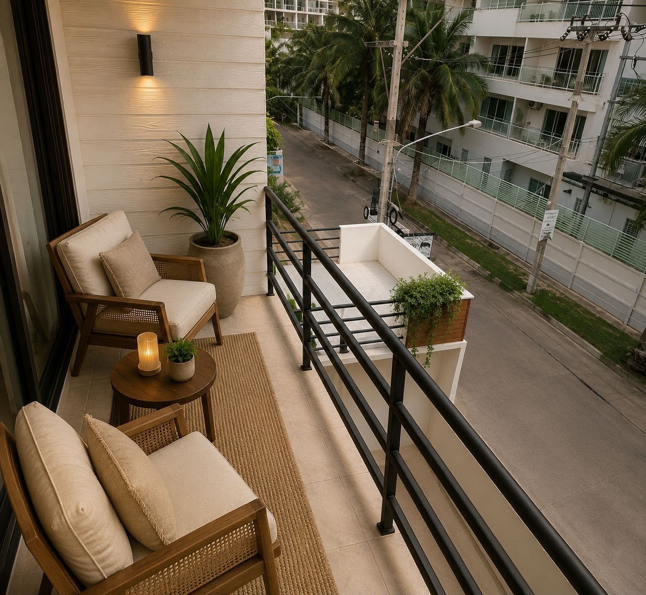 A balcony with wicker furniture, a potted plant, and a view of a street with buildings and palm trees.