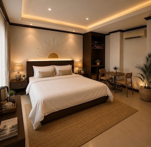 A modern hotel room with a large bed, bedside lamps, a small table with chairs, a potted plant, and a wall-mounted air conditioning unit. - InterCon 3 Bedrooms (Hua Hin)