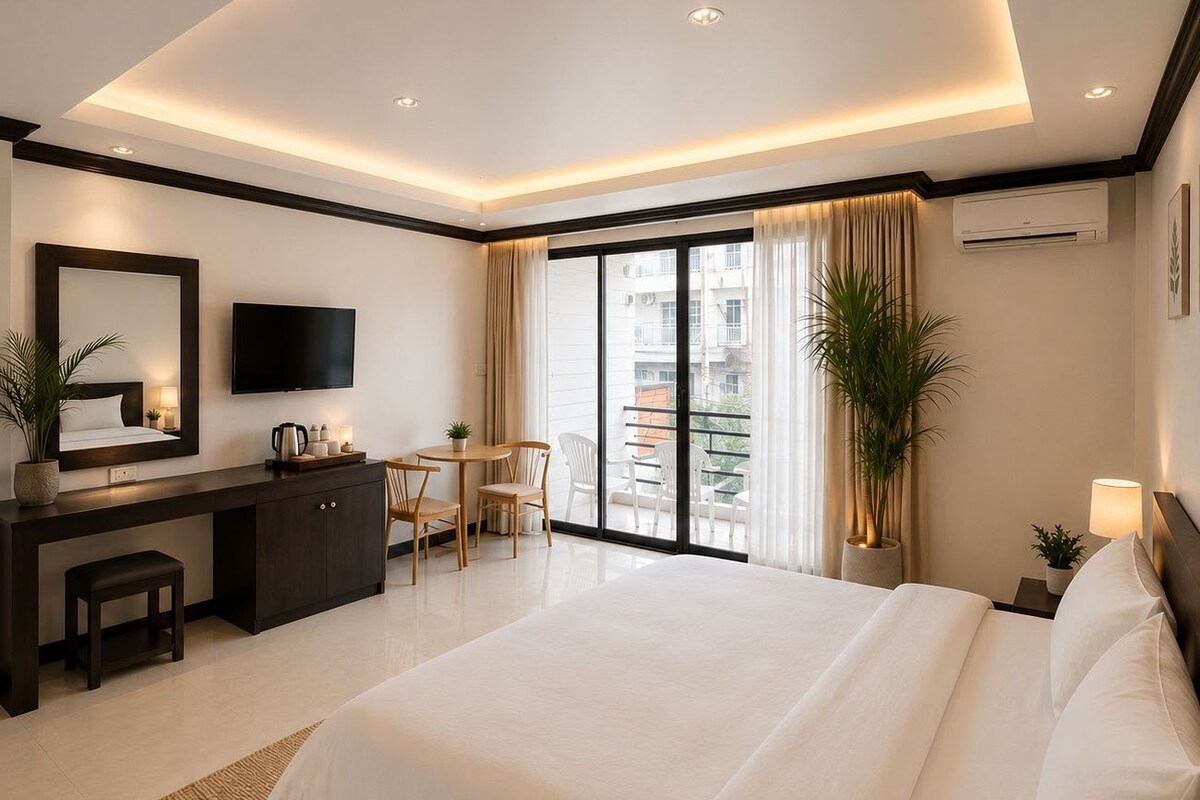 A modern hotel room with a large bed, a desk, a flat-screen TV, and a balcony with a view.