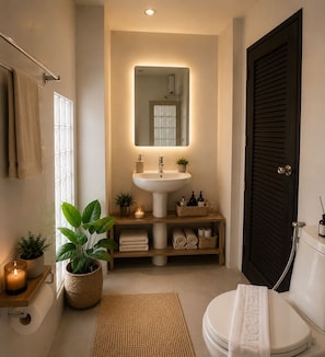 A modern bathroom with a pedestal sink, a mirror above it, a towel rack, a toilet, a dark door, and a small shelf with toiletries. - InterCon 3 Bedrooms (Hua Hin)