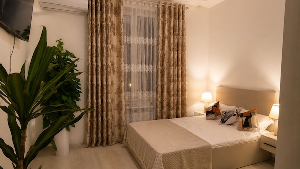 A hotel room with a bed, bedside lamps, a TV, and a large plant. - Apartment Valley of legends mall  (Namangan)