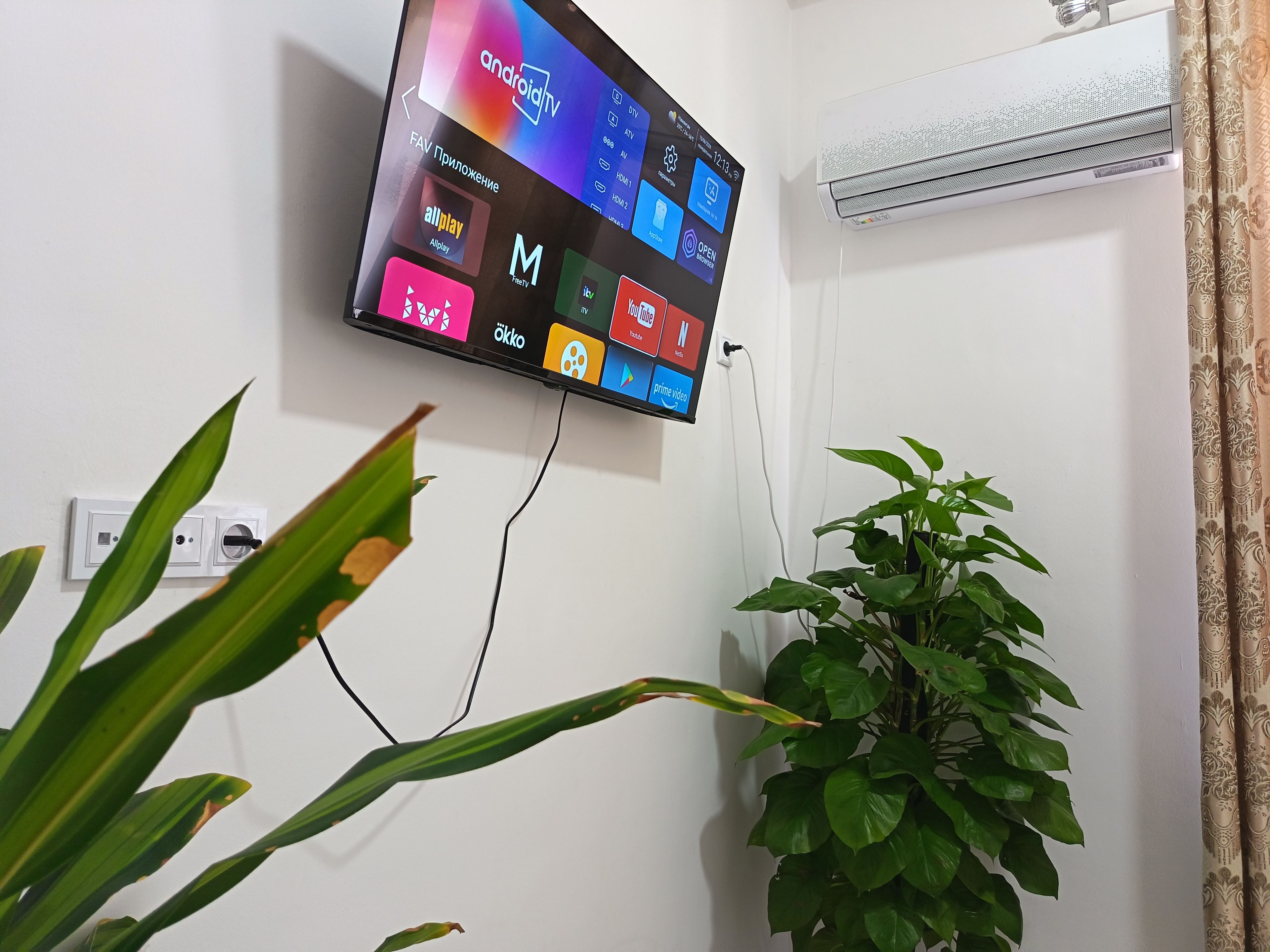 A flat-screen TV mounted on a wall with various streaming service icons, a power outlet, and a potted plant.