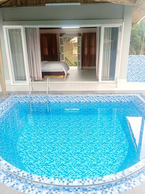 A swimming pool with a tiled edge, a bed with curtains, and a view of the outdoors.