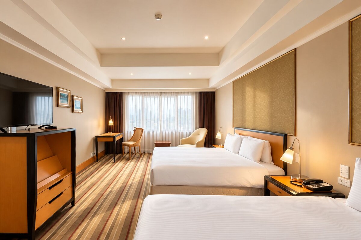 A hotel room with a flat-screen TV, a desk, two beds, a chair, and a large painting on the wall.