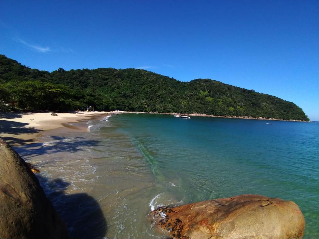Uma praia com águas cristalinas, costa arenosa e uma colina arborizada ao fundo.