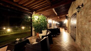 An outdoor patio area with wicker furniture, a large potted plant, and a view of the night sky.