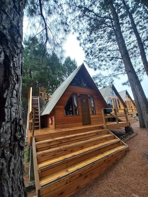 Uma cabana com um deck de madeira e uma escadaria que leva à entrada.