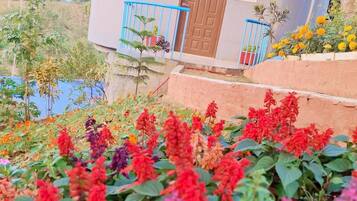 A small building with a blue roof and a door, surrounded by a garden with various flowers.