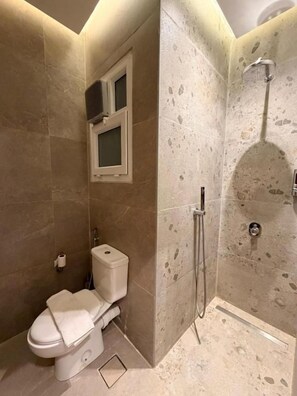 Ein Badezimmer mit Toilette, Dusche und einem Fenster.