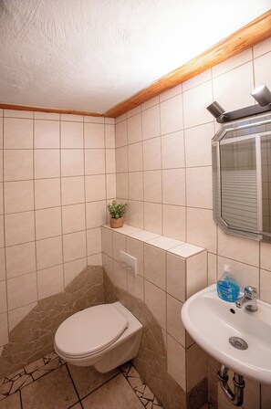 Un baño con inodoro, lavamanos, espejo y una planta pequeña en un estante.