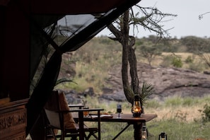 A table set for dining with a view of a natural landscape.