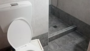 Casa de banho com sanita, chuveiro e chão em azulejo.