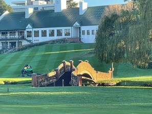Un campo de golf con un puente de piedra, un árbol grande y un edificio al fondo.