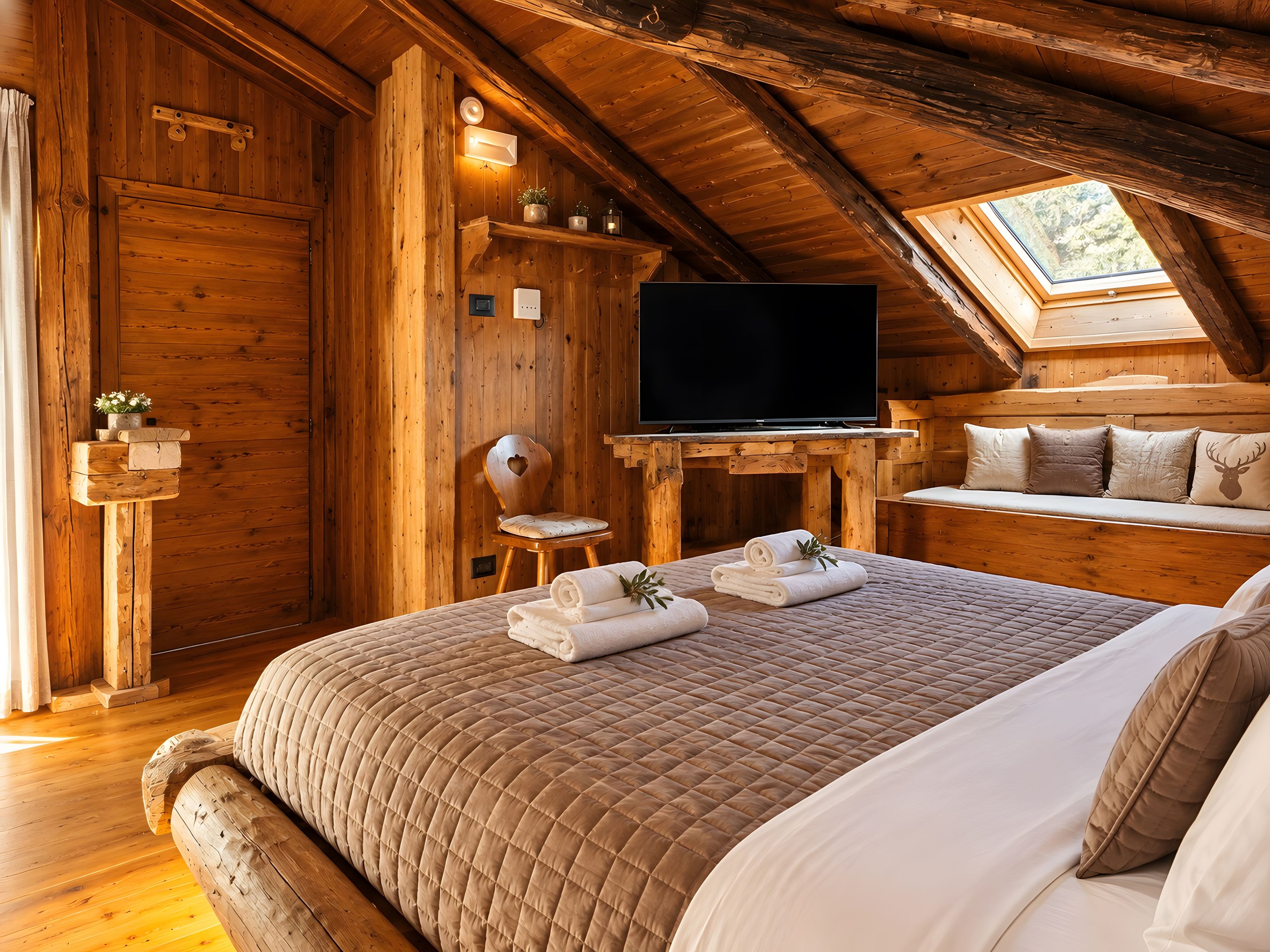 Una stanza in legno con un letto, una televisione e un lucernario.