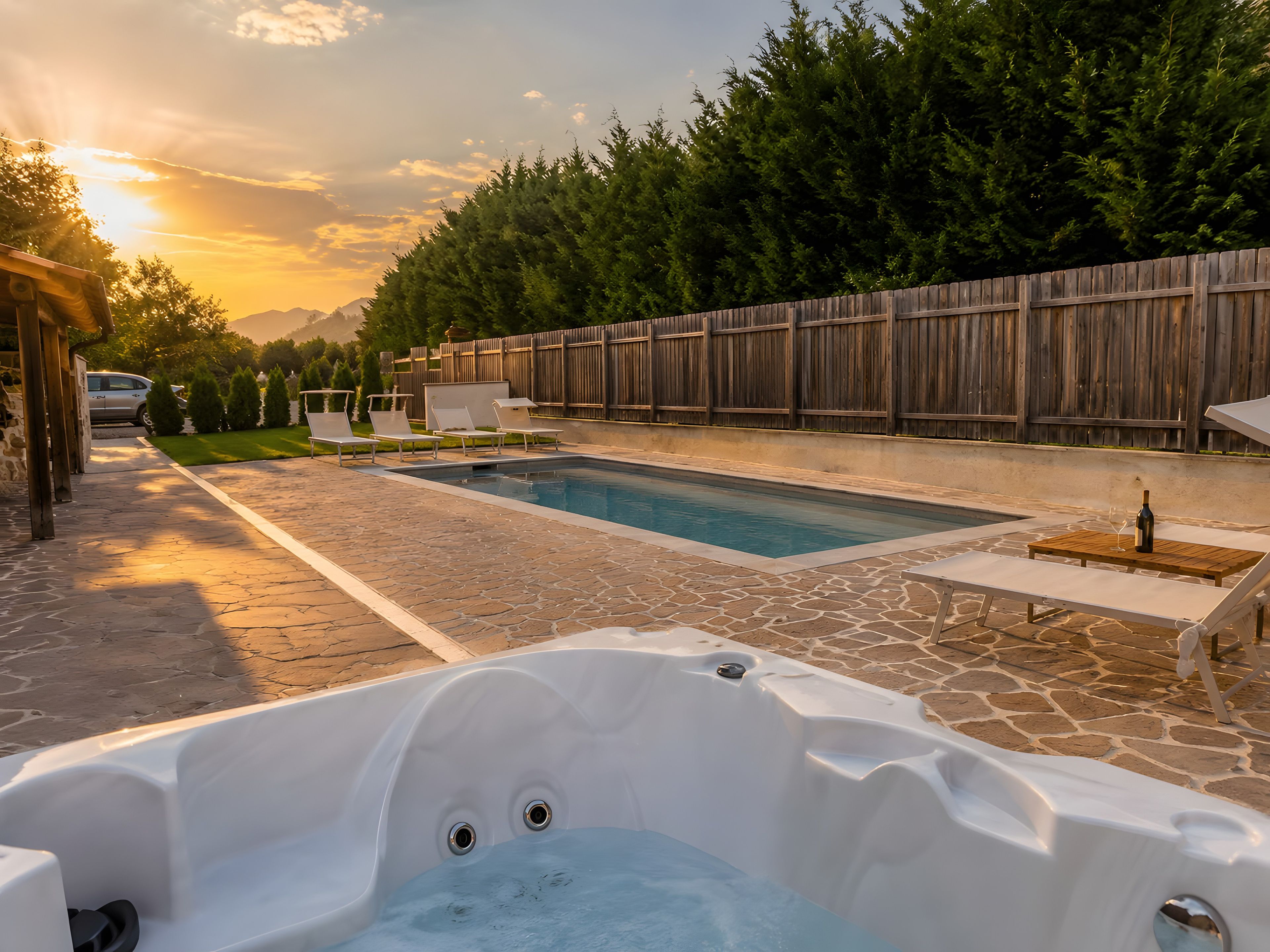 Una piscina con lettini e una vasca idromassaggio in un giardino recintato da una staccionata di legno e alberi.