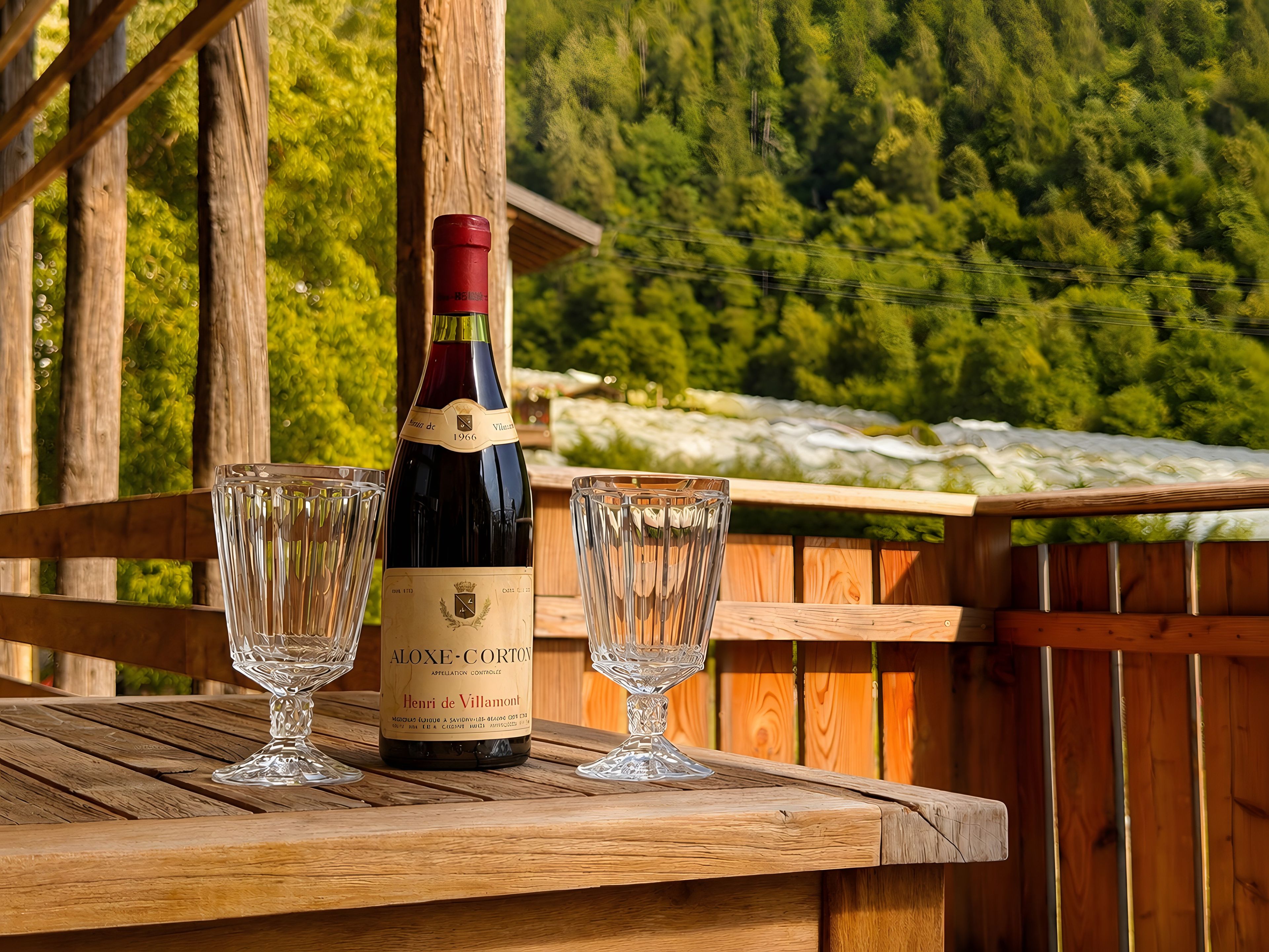Una bottiglia di vino e due bicchieri su un tavolo di legno con vista su un pendio boscoso.