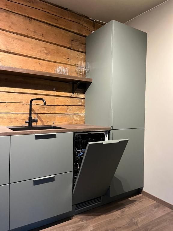 A kitchen with a wooden wall, a sink, and a dishwasher.
