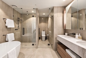 Une salle de bain moderne avec une baignoire sur pieds, une douche à parois de verre et un meuble-lavabo doté d’un grand miroir.