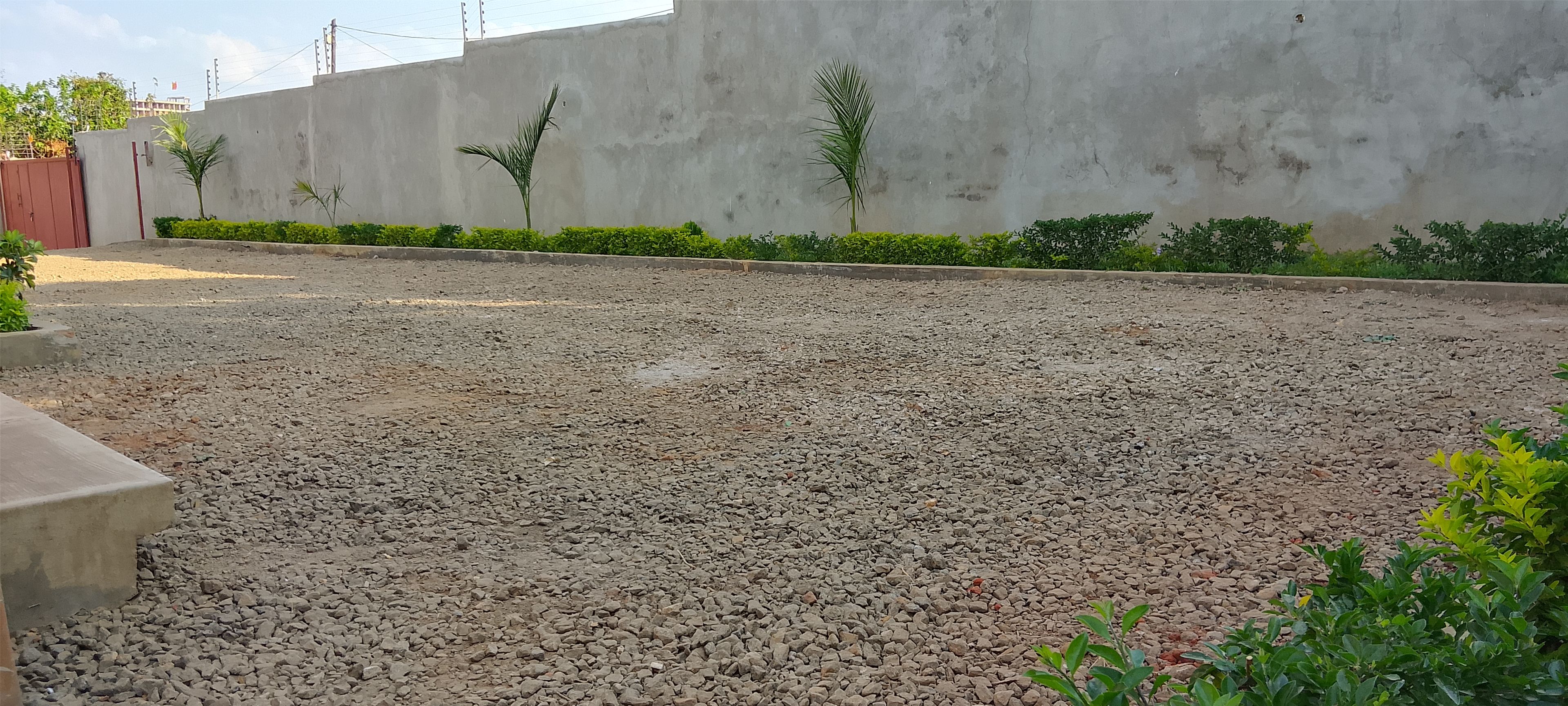 Un patio de grava con un muro de hormigón, plantas pequeñas y una verja roja.