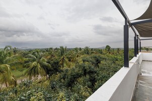 Un balcón con vistas a un paisaje exuberante, con palmeras y otra vegetación.