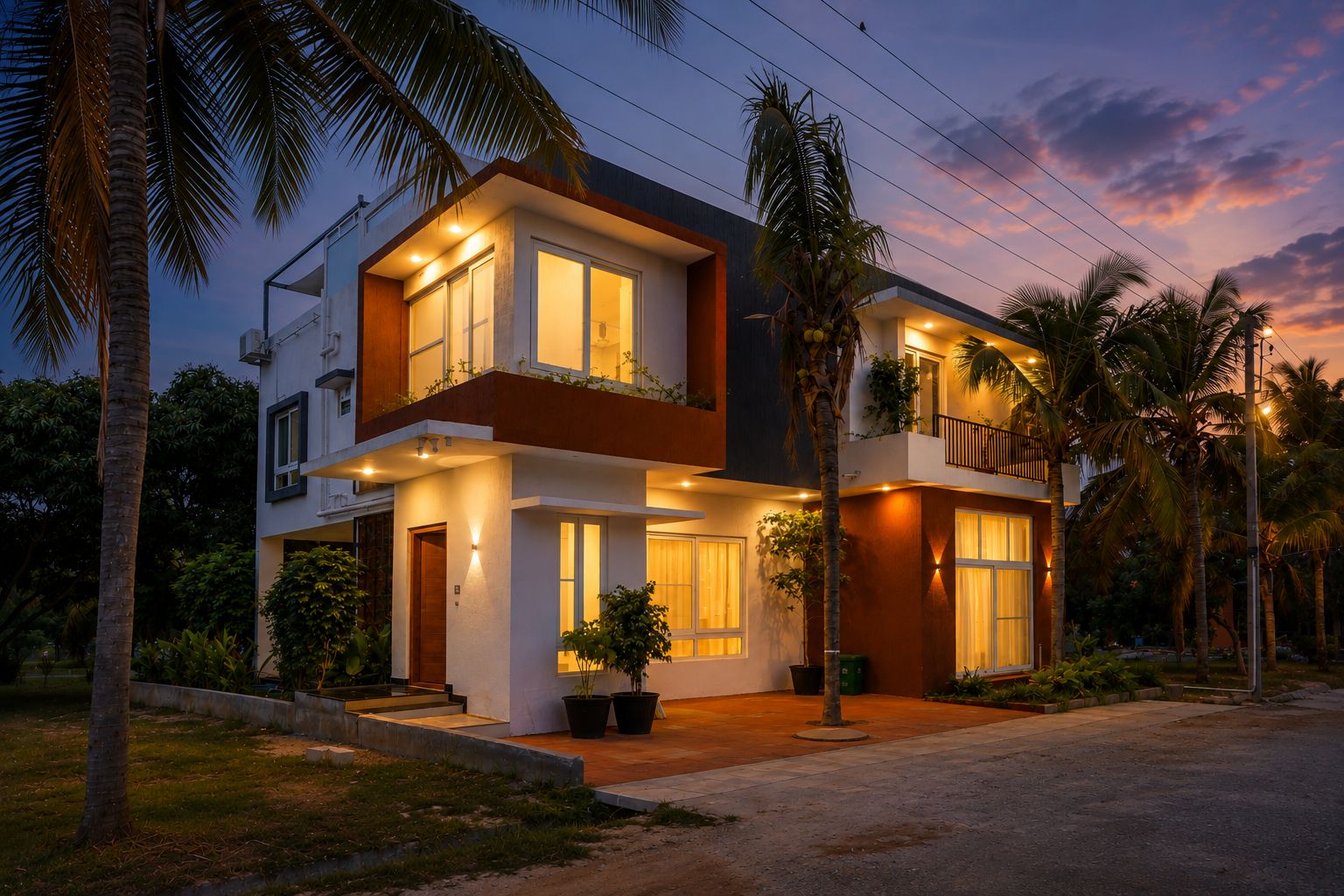 A two-story modern house with a balcony, surrounded by palm trees and a well-maintained garden.