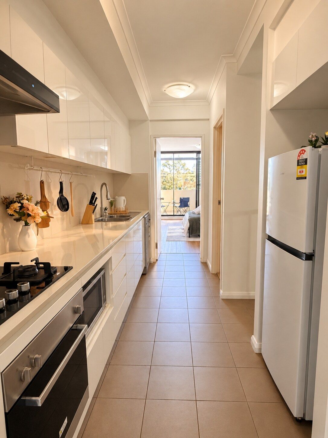 A modern kitchen with white cabinetry, a gas stove, and a refrigerator.