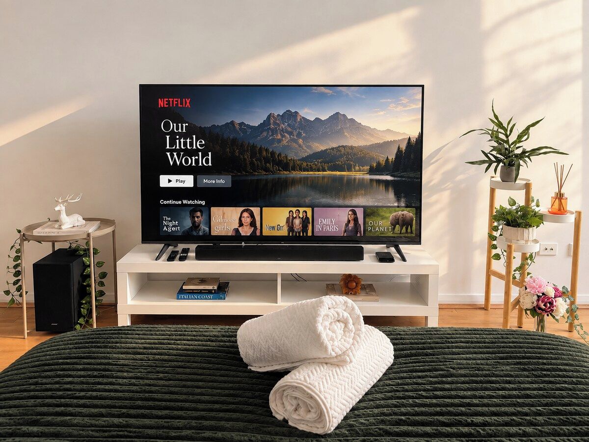 A modern living room with a large flat-screen TV displaying a Netflix show, a white entertainment unit with books, a rolled towel on a green rug, and a small plant on a side table.