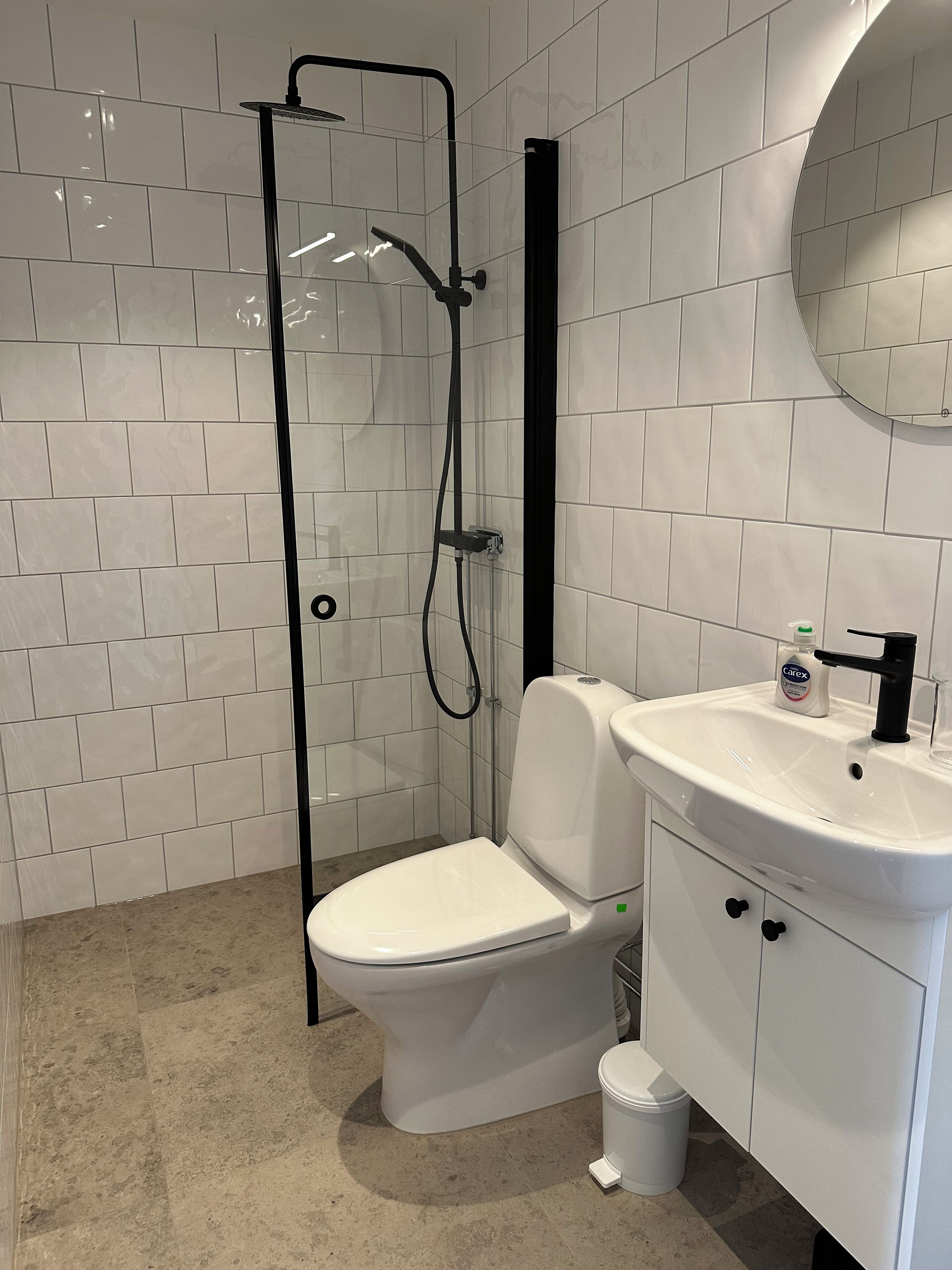 A bathroom with a glass-enclosed shower, a white toilet, a sink with a mirror, and tiled walls.