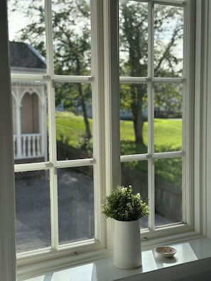 A window with a view of a lawn and a building with a white railing.