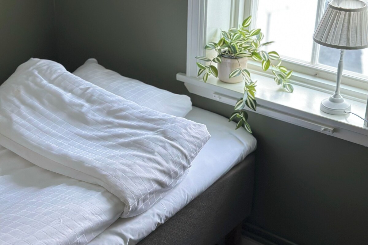 Uma cama de solteiro com edredom e almofadas brancas, um vaso de planta no parapeito da janela e um abajur branco ao lado da janela.