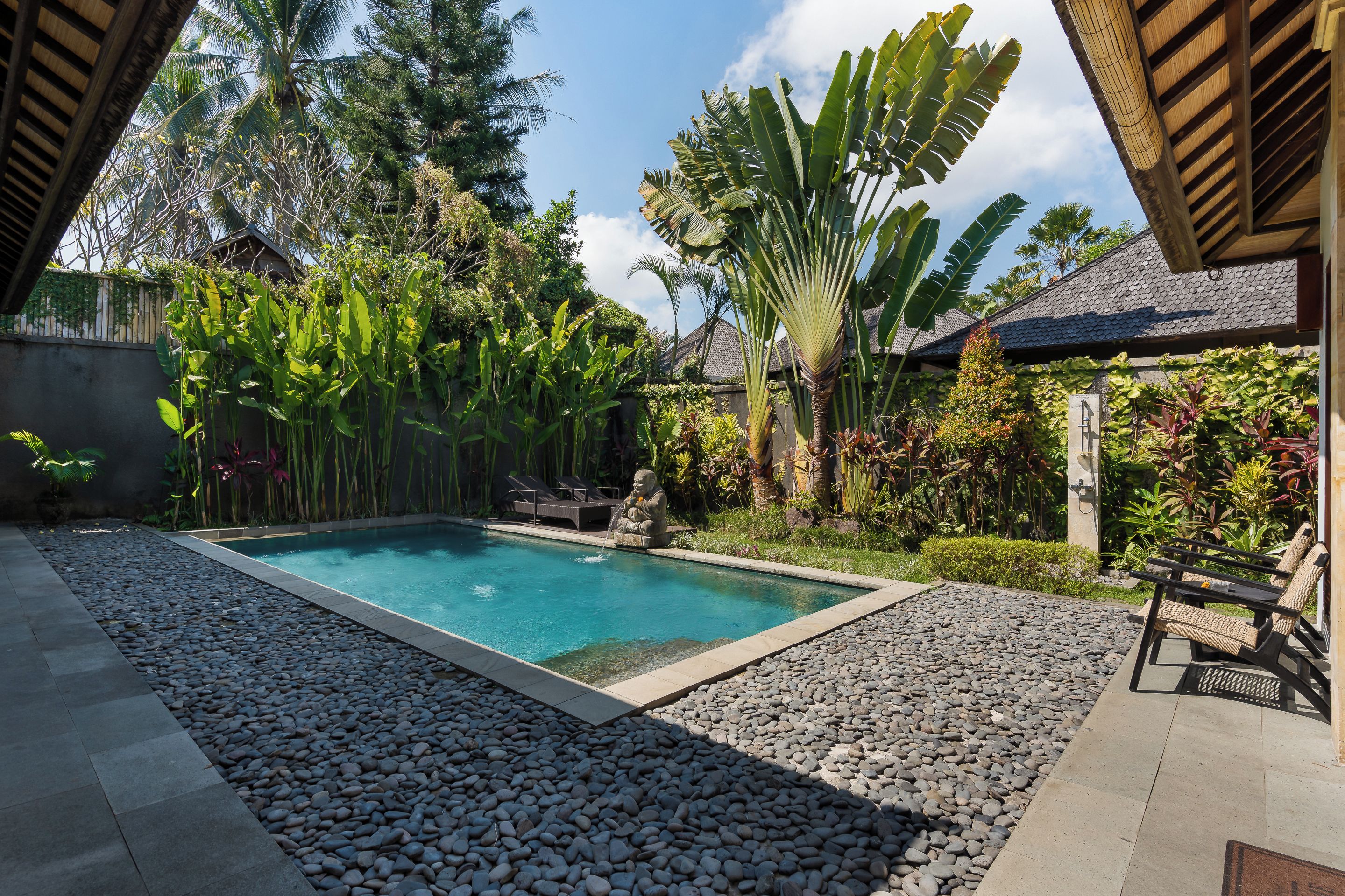 A rectangular swimming pool with a pebble border, surrounded by tropical vegetation and a stone patio.