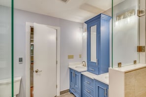 A bathroom with a white toilet, a blue vanity with a mirror, and a glass shower enclosure. - Spacious, Modern! Wintergreen Resort Ski Retreat (Nellysford)