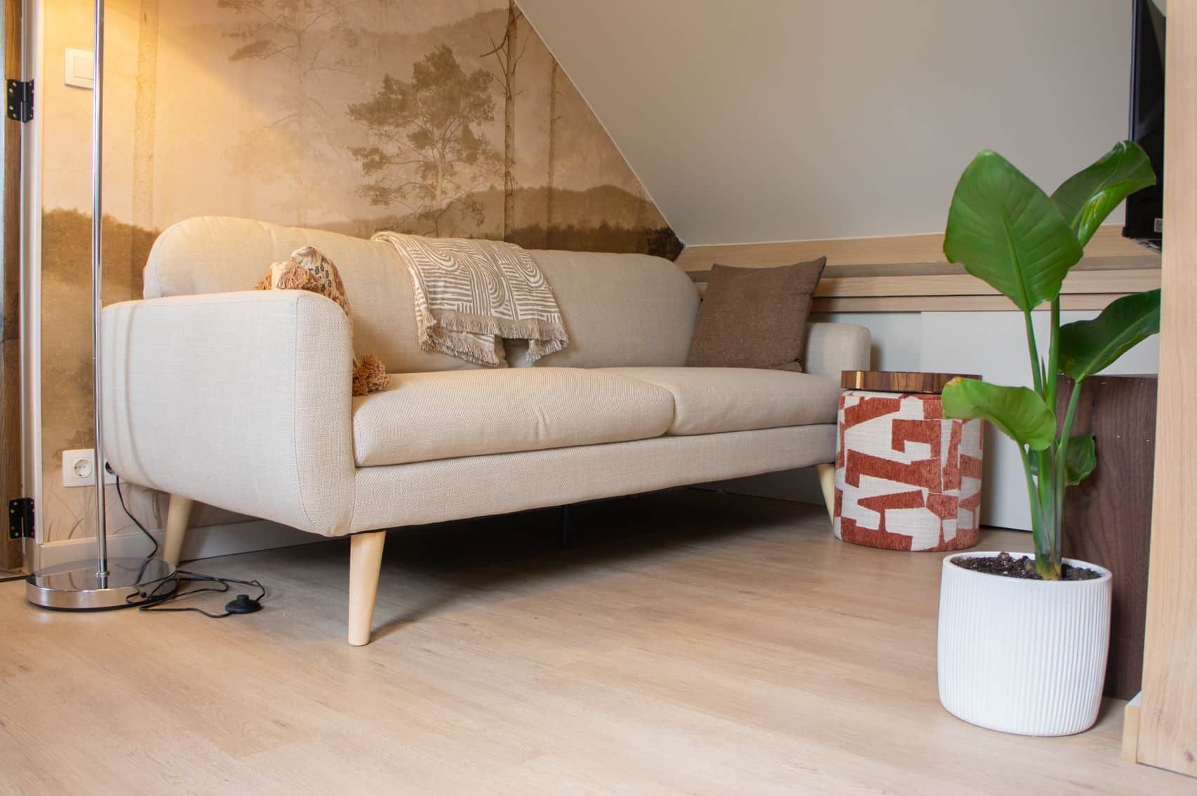 Ein modernes Wohnzimmer mit einer Couch, einer Topfpflanze und einem dekorativen Gegenstand auf dem Boden.