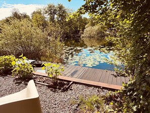 A wooden deck surrounding a pond with lily pads, surrounded by dense foliage. - Bunga Vijverzicht (Bunga holidays) (Lanaken)
