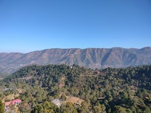 A mountainous landscape with dense forestation and scattered buildings.