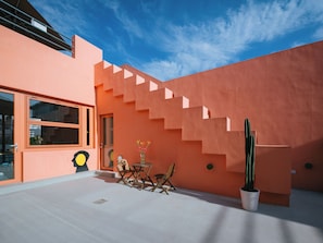 A modern building with a flat roof, a staircase, and a cactus plant.