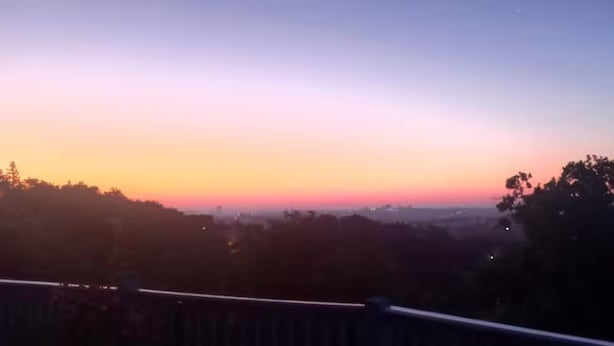 Vista de un paisaje con árboles y una ciudad lejana al atardecer.