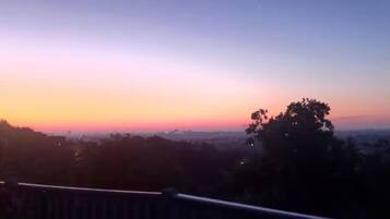 Une vue d’un paysage arboré avec une silhouette de ville en arrière-plan, au coucher du soleil.