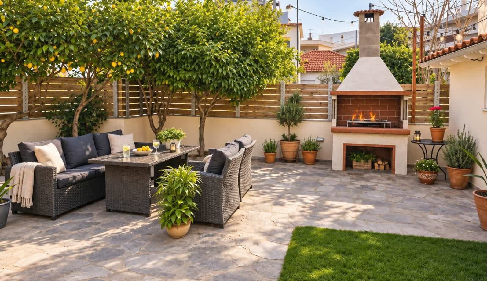 Un patio exterior con chimenea, zona de estar y plantas en macetas.